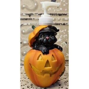 Black Cat in a Pumpkin Halloween Autumn Resin Soap Dispenser Kitchen & Bathroom